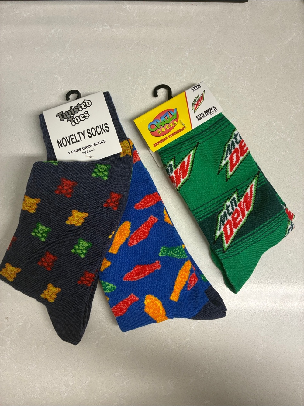 Men's Novelty Crew Socks - Green, Blue, Navy with Multicolor Prints